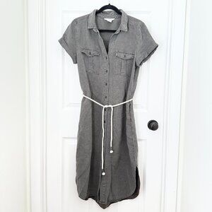 Women Lucky Brand Button Down Linnen Dress With Belt in Smoke Gray Size Medium